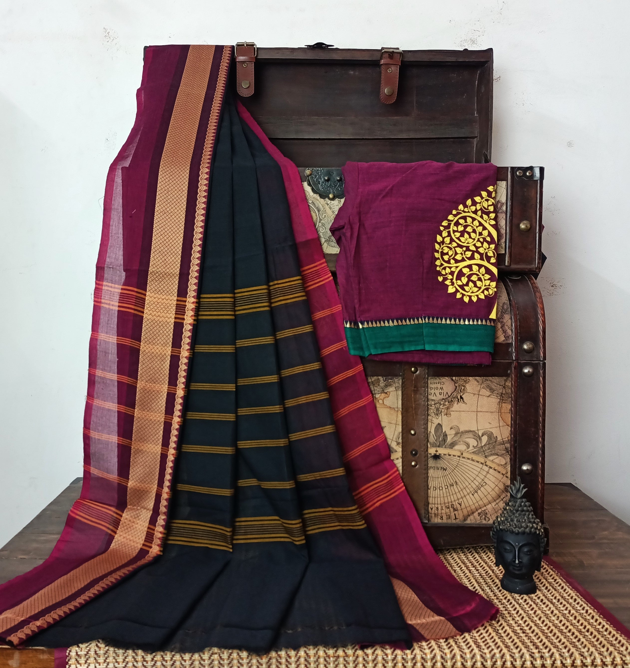 Magenta blouse & black saree with magenta border