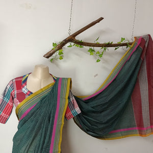 llkal green saree with small checks with striped borders