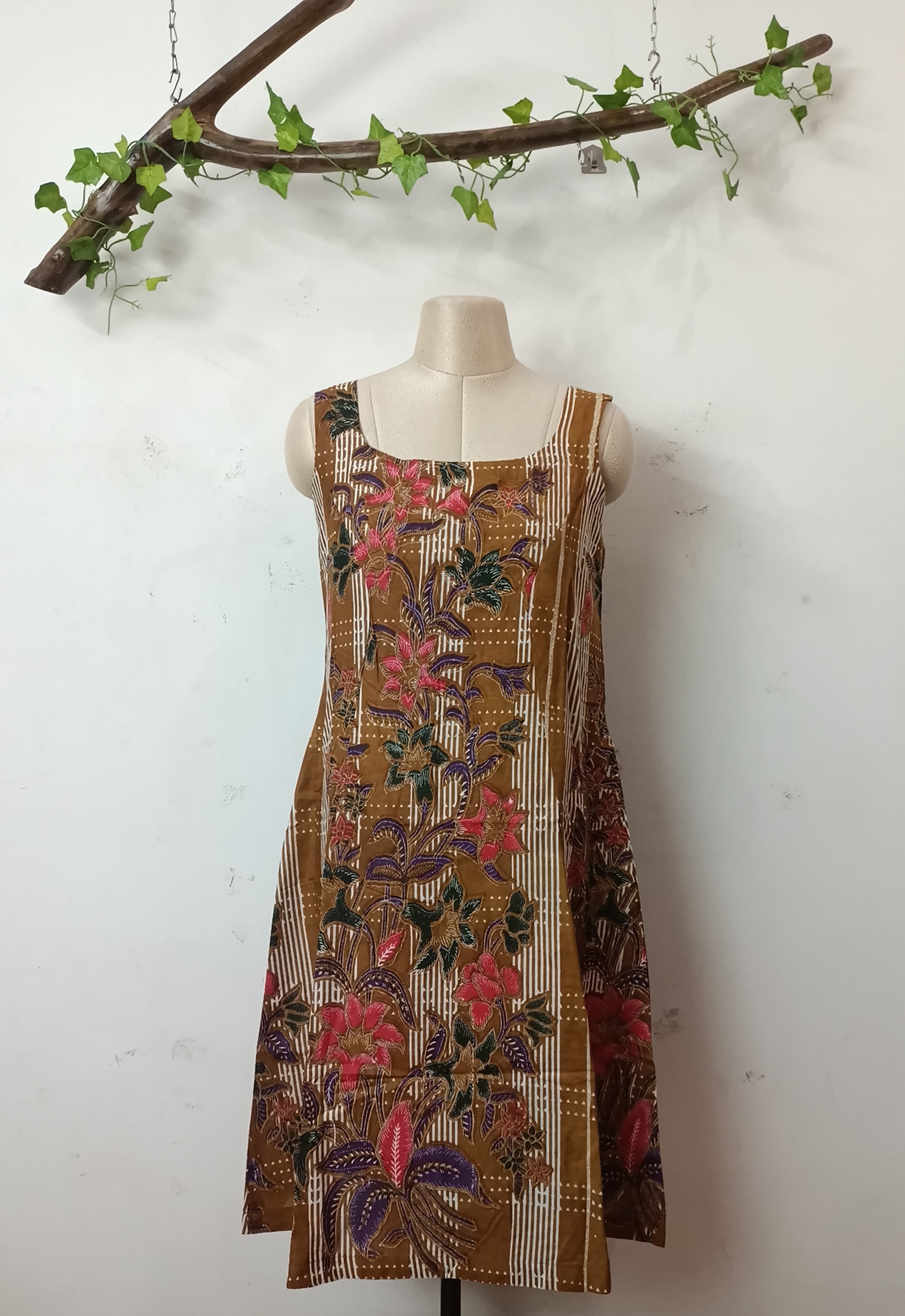 Malaysian print dress- brown and green