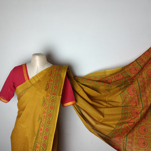 Yellow Bagh print saree witrh TEB blouse combo by Umbara designs