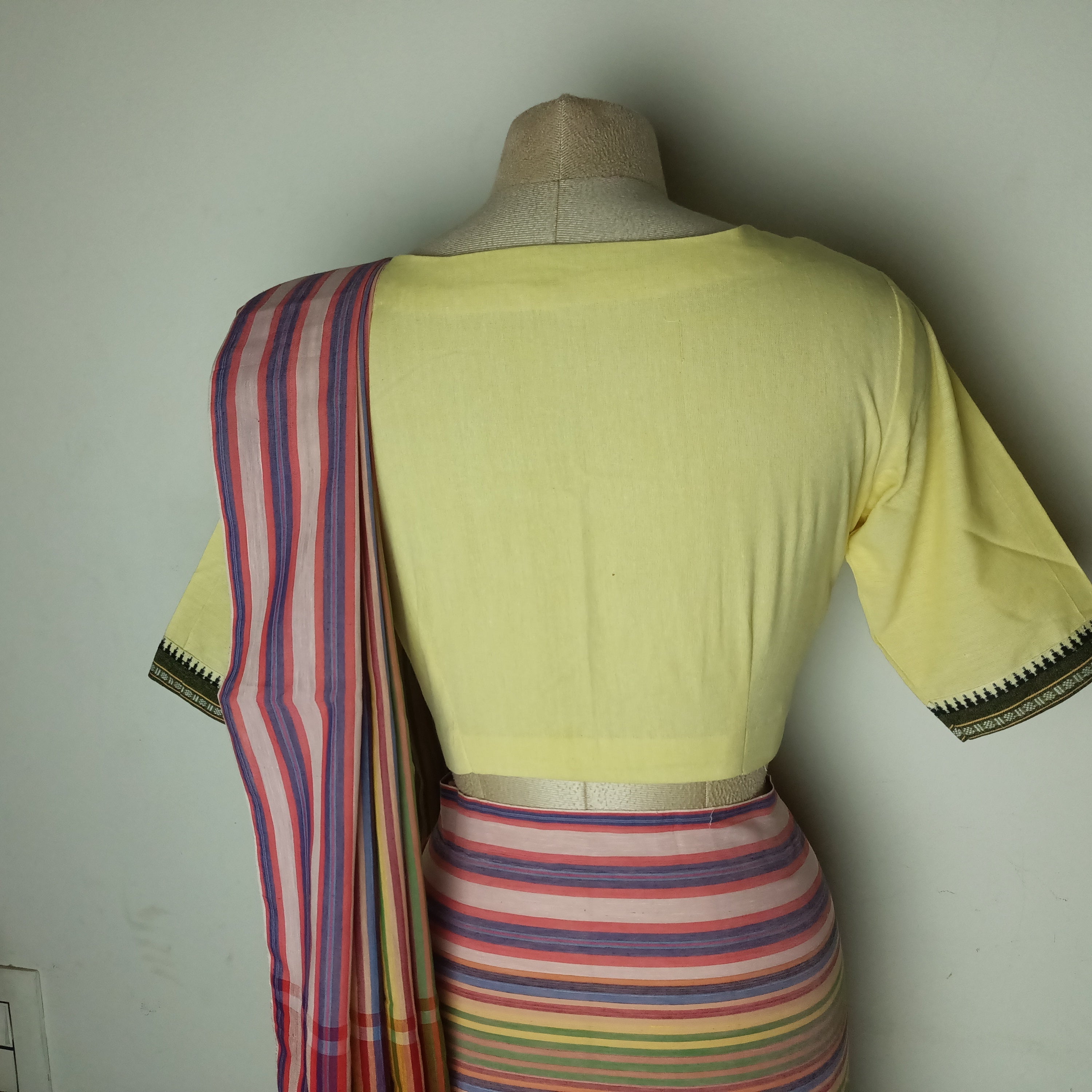 Multicoloured stripes saree with plain yellow TEB blouse from Umbara designs