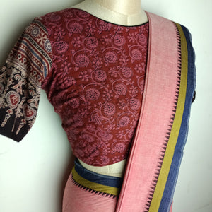 Sophisticated pink chettinad saree with Ajrakh blouse - saree blouse combo - umbara designs\