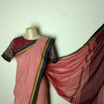 Sophisticated pink chettinad saree with Ajrakh blouse - saree blouse combo