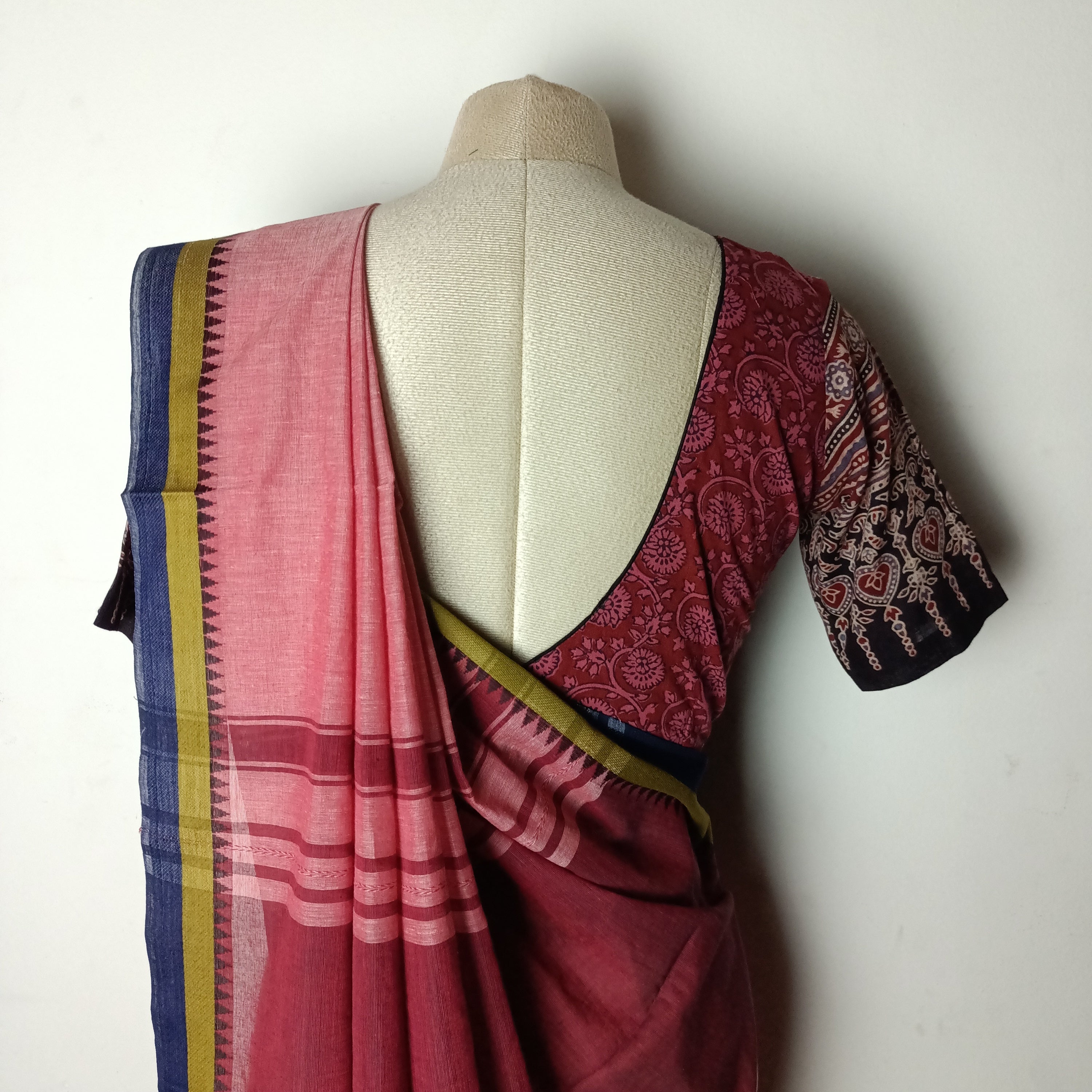 Sophisticated pink chettinad saree with Ajrakh blouse - saree blouse combo