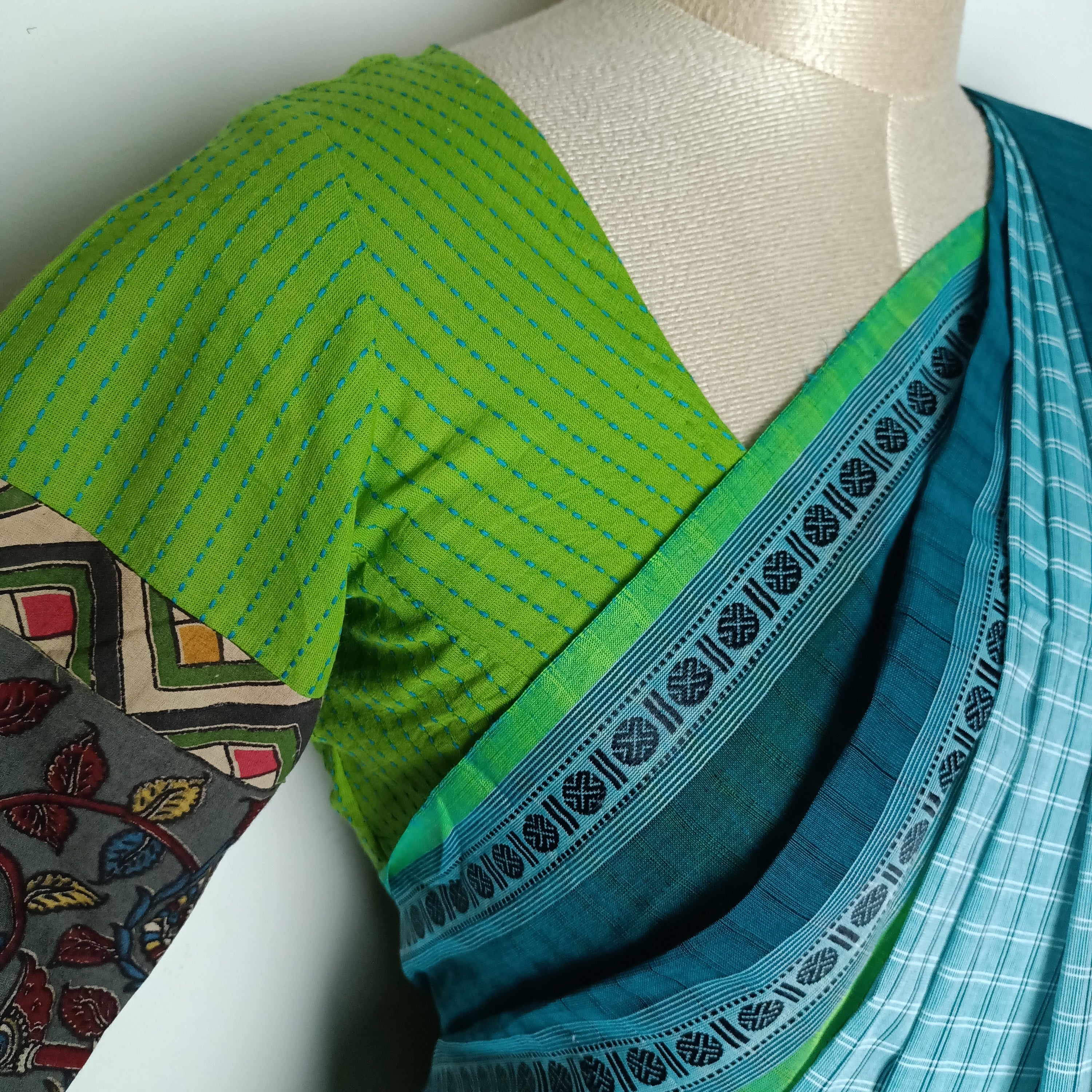 Teal green cotton saree with light green blouse combination - Umbara design - Saree blouse combo