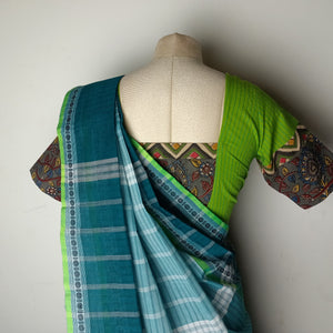 Teal green cotton saree with light green blouse combination - Umbara design - Saree blouse combo