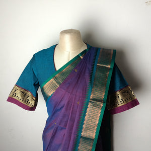 Duo-tone Purple chettinad saree with Tree of life blouse - Saree blouse combo