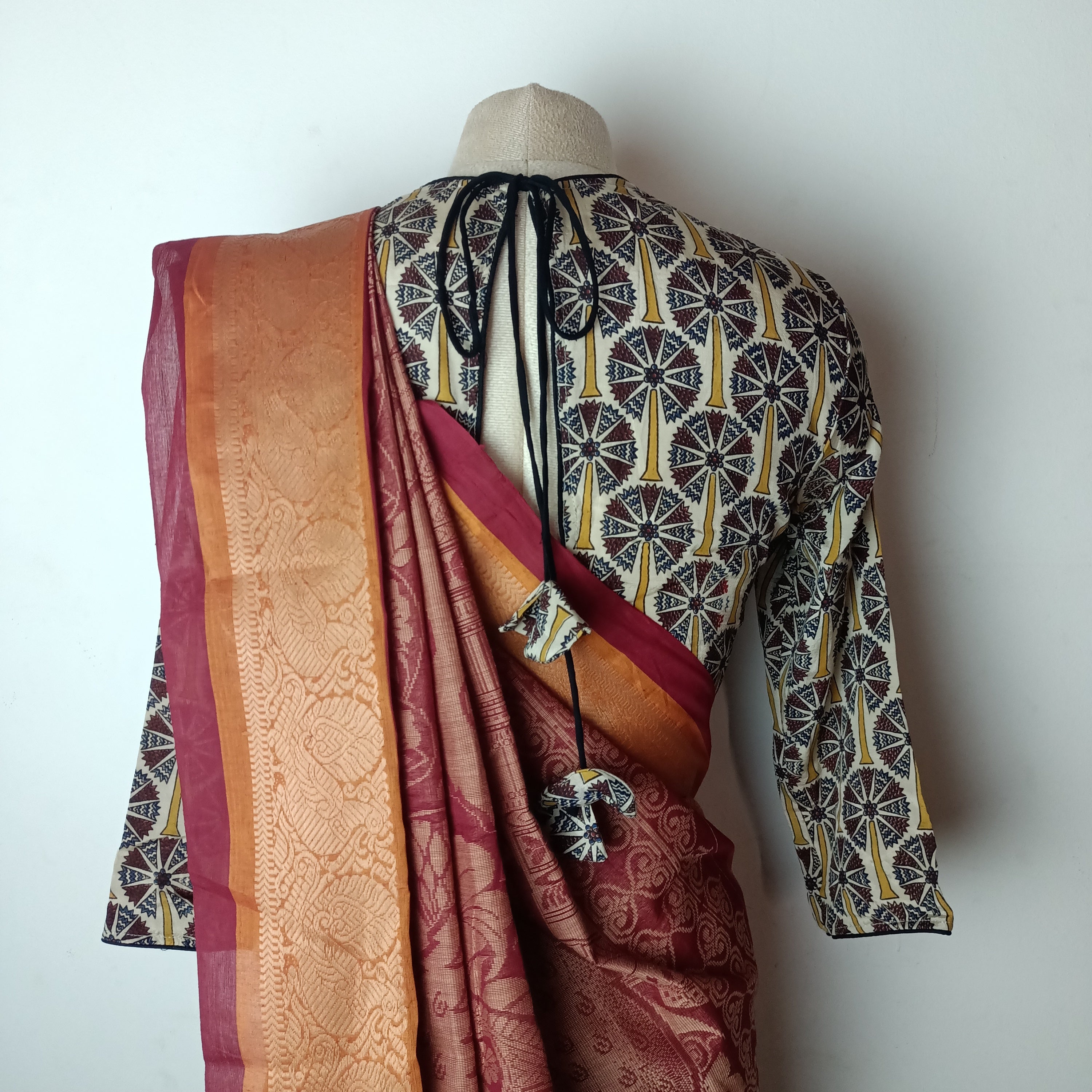 Black & maroon chettinad saree with matching chennuri silk blouse - Saree blouse combo