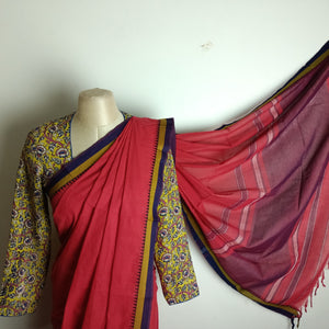 Blood orange chettinad saree with matching Chennuri silk blouse - saree blouse combo
