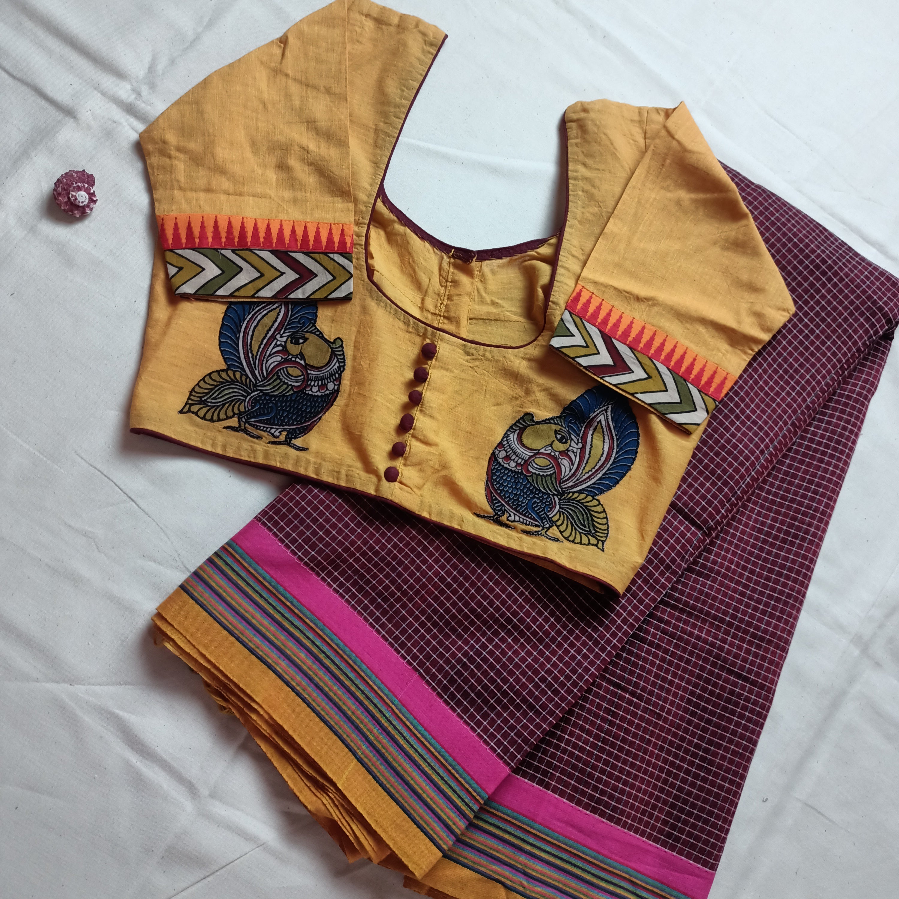 Saree Blouse Combo- "Ilkal Checks Saree with Kalamkari Potli Blouse"