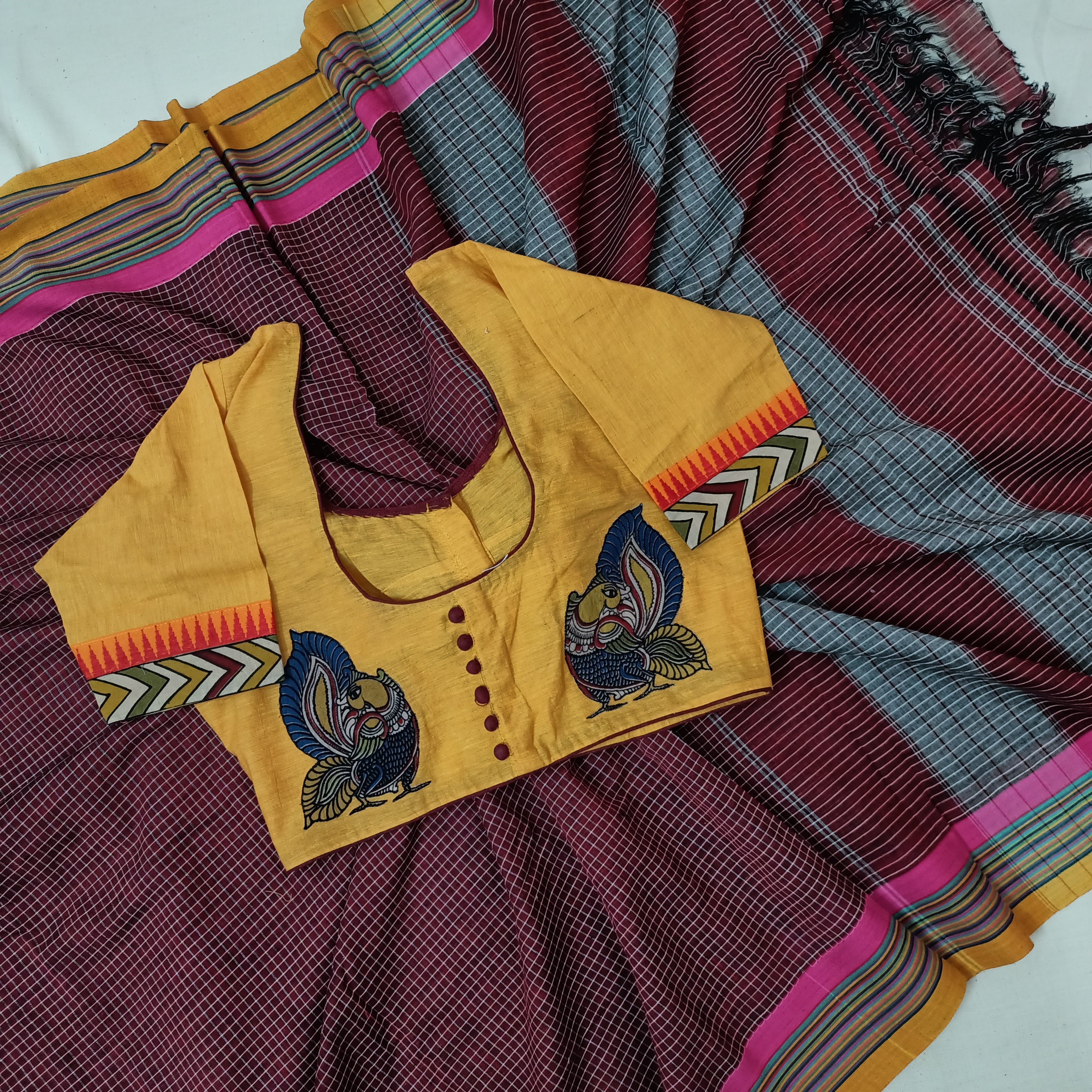 Saree Blouse Combo- "Ilkal Checks Saree with Kalamkari Potli Blouse"