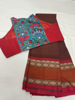 Chettinad Cotton Saree with Sleeveless Razor Cut Blouse-Saree Blouse Combo