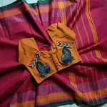 Chettinad cotton saree with Orange Potli Blouse- Saree Blouse Combo