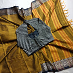 Guledgudda Cotton Saree with Black & Gold Stripes Blouse- Saree Blouse Combo 