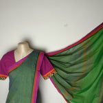 Dark organic green saree with pink border and matching cotton pink blouse combo - Umbara design - saree blouse combo