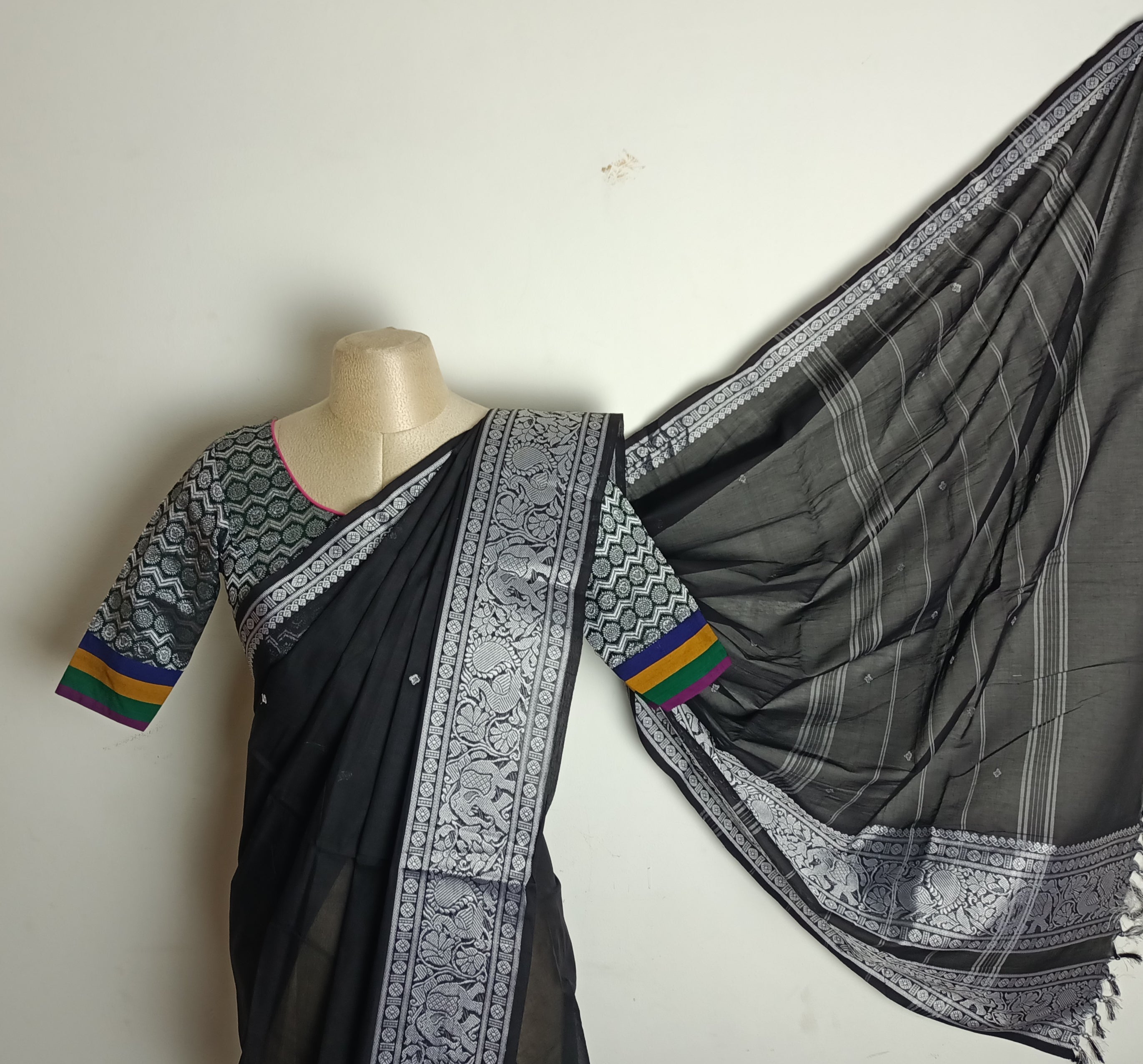 Black with grey border chettinad saree paired with a lotus khun blouse - Saree blouse combo