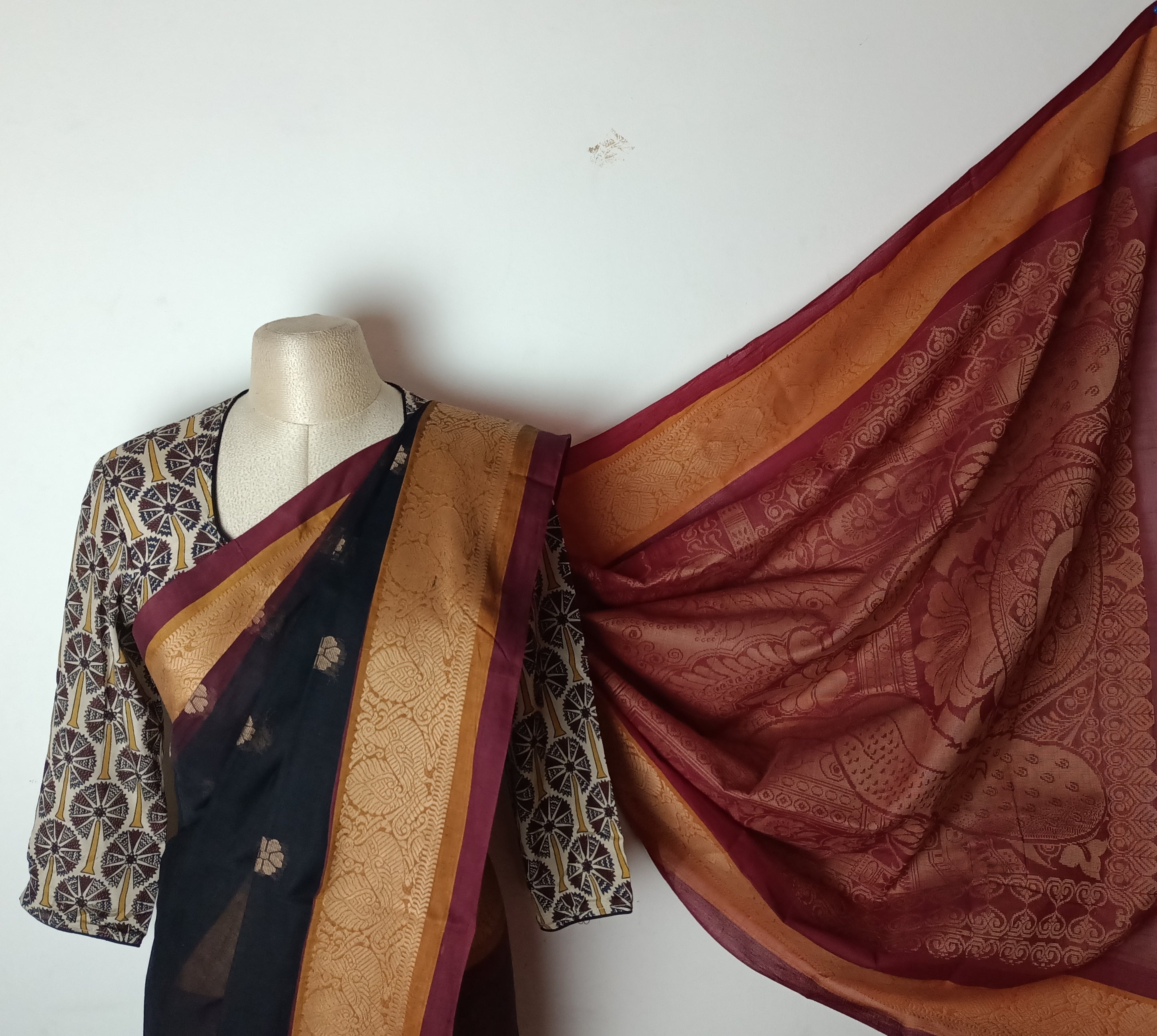 Black & maroon chettinad saree with matching chennuri silk blouse - Saree blouse combo