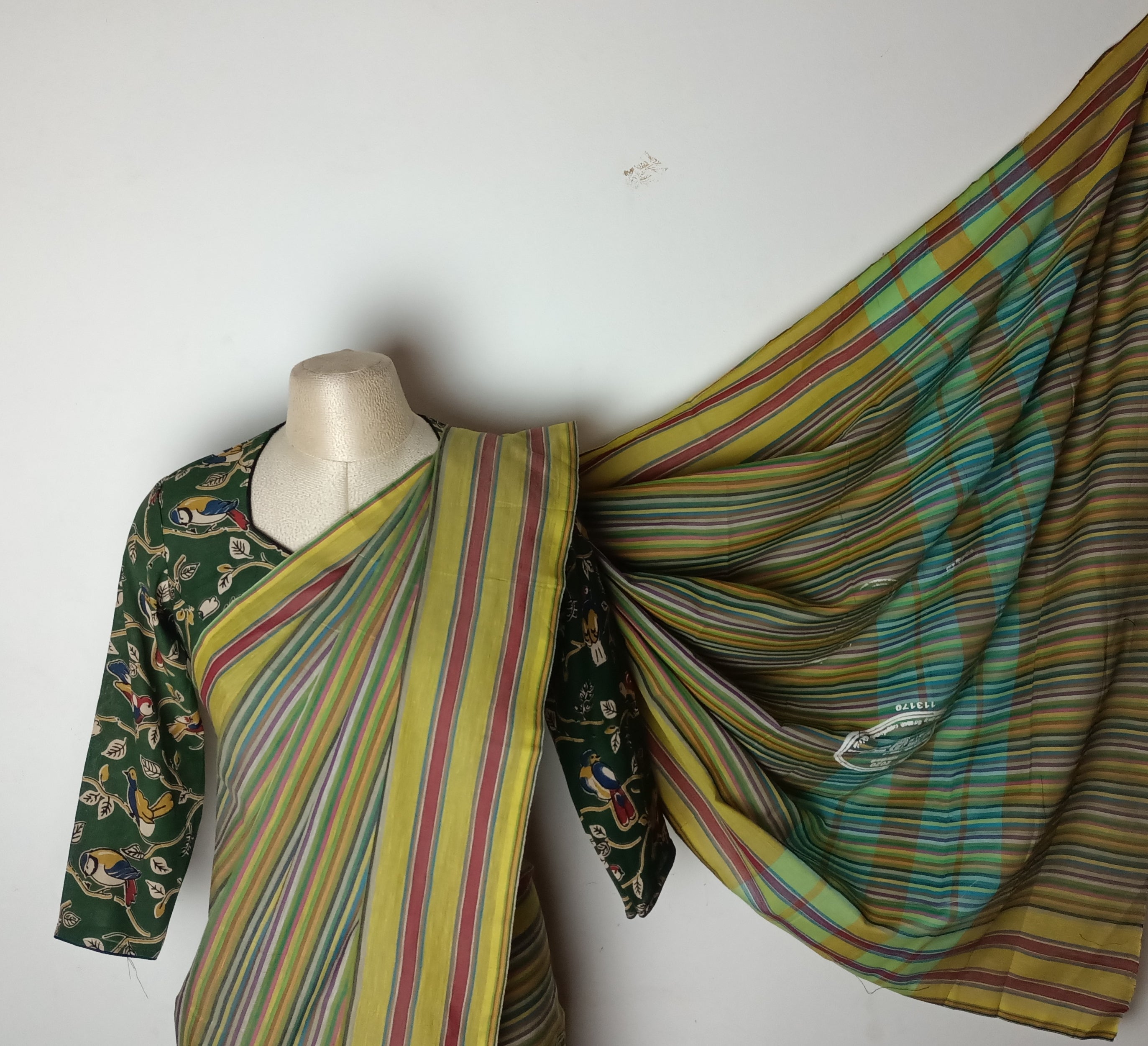 Striped chettinad saree with matching chennuri silk blouse - Saree blouse combo