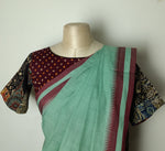 Caribbean green saree with matching ajrakh blouse - Saree blouse combo