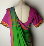 Dark organic green saree with pink border and matching cotton pink blouse combo - Umbara design - saree blouse combo