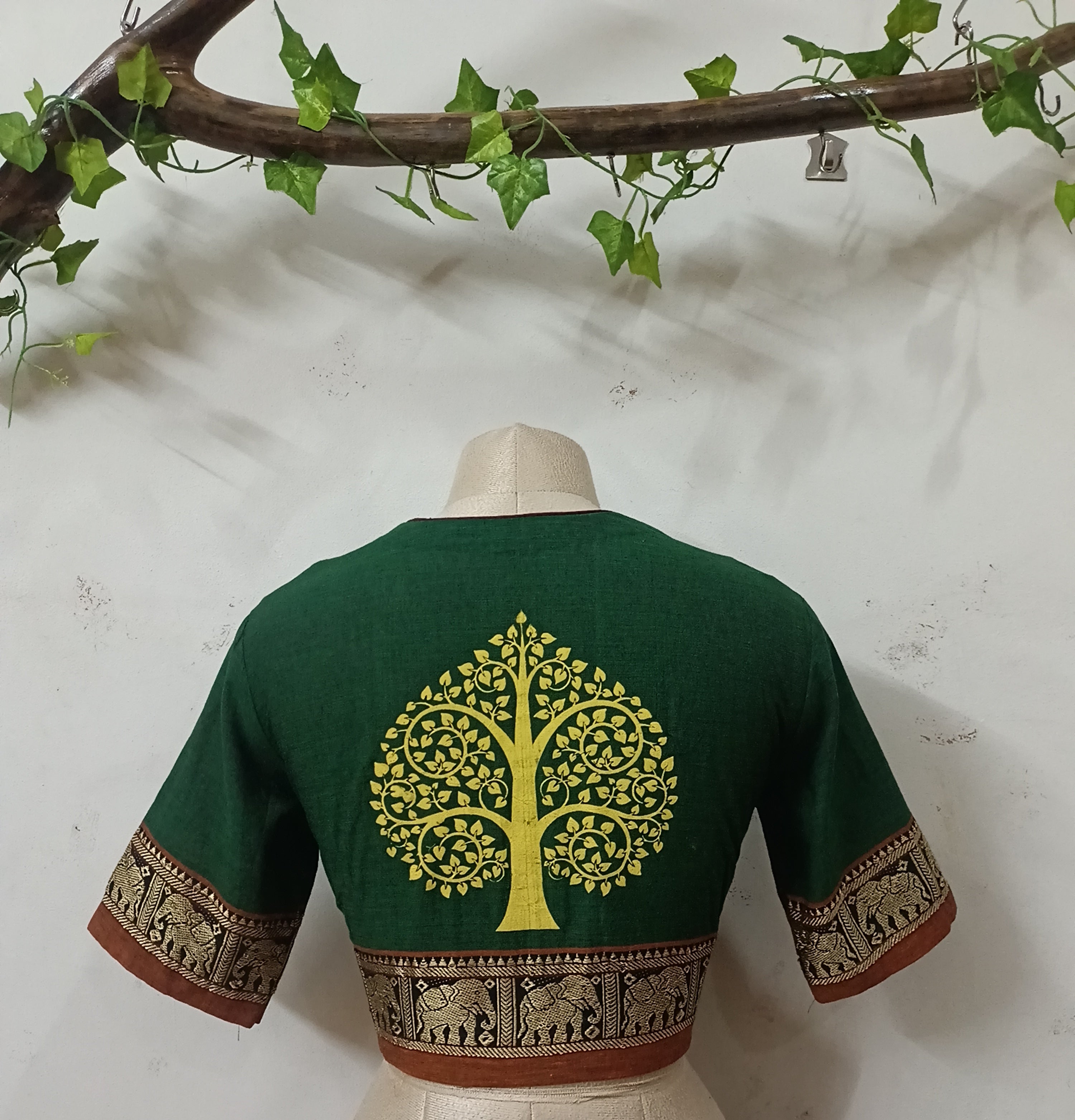 Tree of Life Narayanpet Blouse- Dark Green