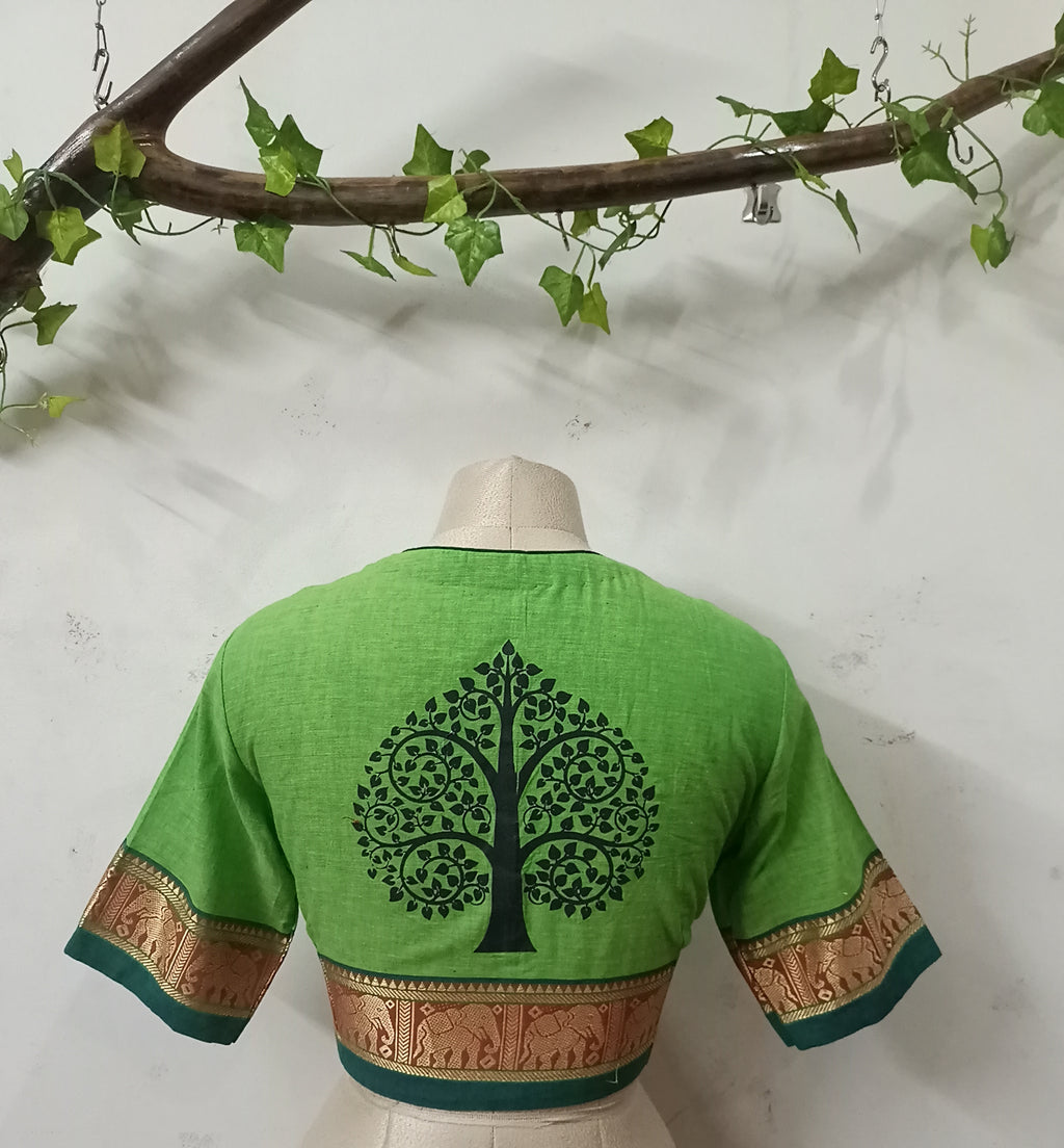 Tree of Life Narayanpet Blouse- Leaf Green