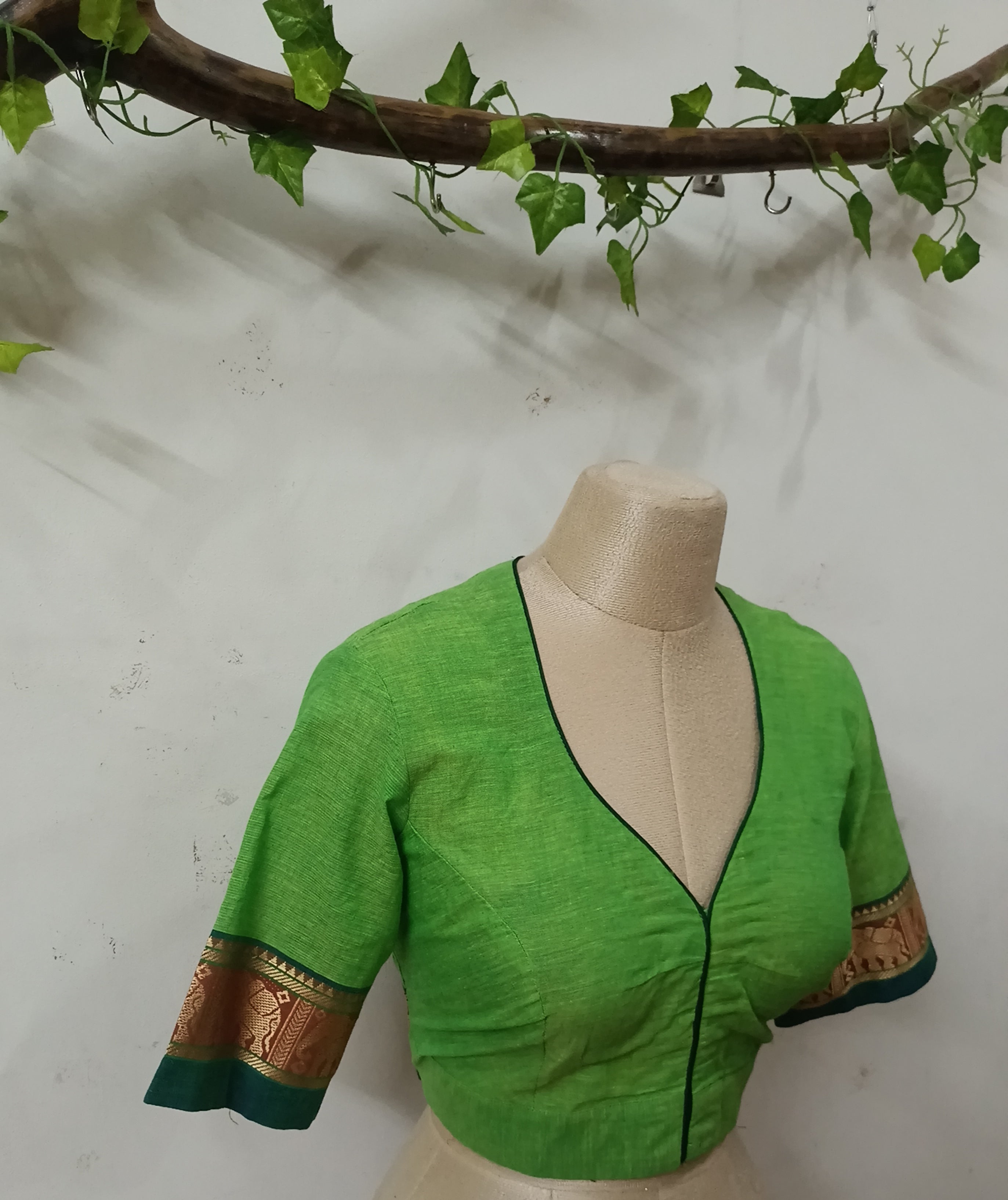 Tree of Life Narayanpet Blouse- Leaf Green