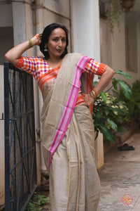 Coffee cotton ganga jamuna saree with matching GN checks blouse - Saree blouse combo