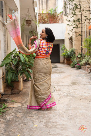 Coffee cotton ganga jamuna saree with matching GN checks blouse - Umbarad esigns