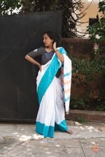White handloom cotton saree with blue border & matching mooguthi blouse - Saree blouse combo