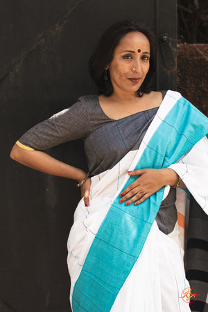 White handloom cotton saree with blue border & matching mooguthi blouse - Saree blouse combo - Umbara designs