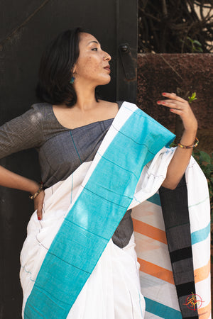 White saree with blue border - handloom cotton saree 