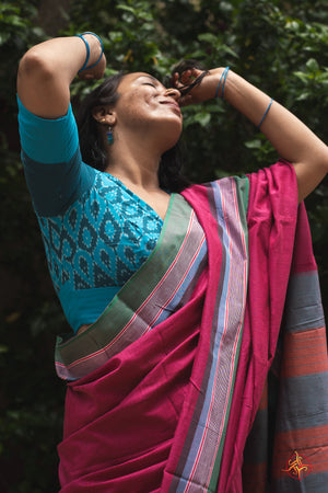 Pink Saree with blue blouse