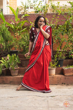 Red handloom cotton saree with maroon border