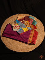 Pure silk magenta ilkal saree with kantha blouse - saree blouse combo