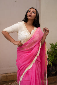 Pink kota cotton saree with off white blouse