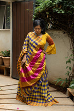 Yellow with blue ilkal checks saree with matching blouse - saree blouse combo