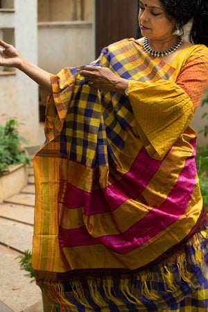 Yellow with blue ilkal checks saree with matching blouse - saree blouse combo