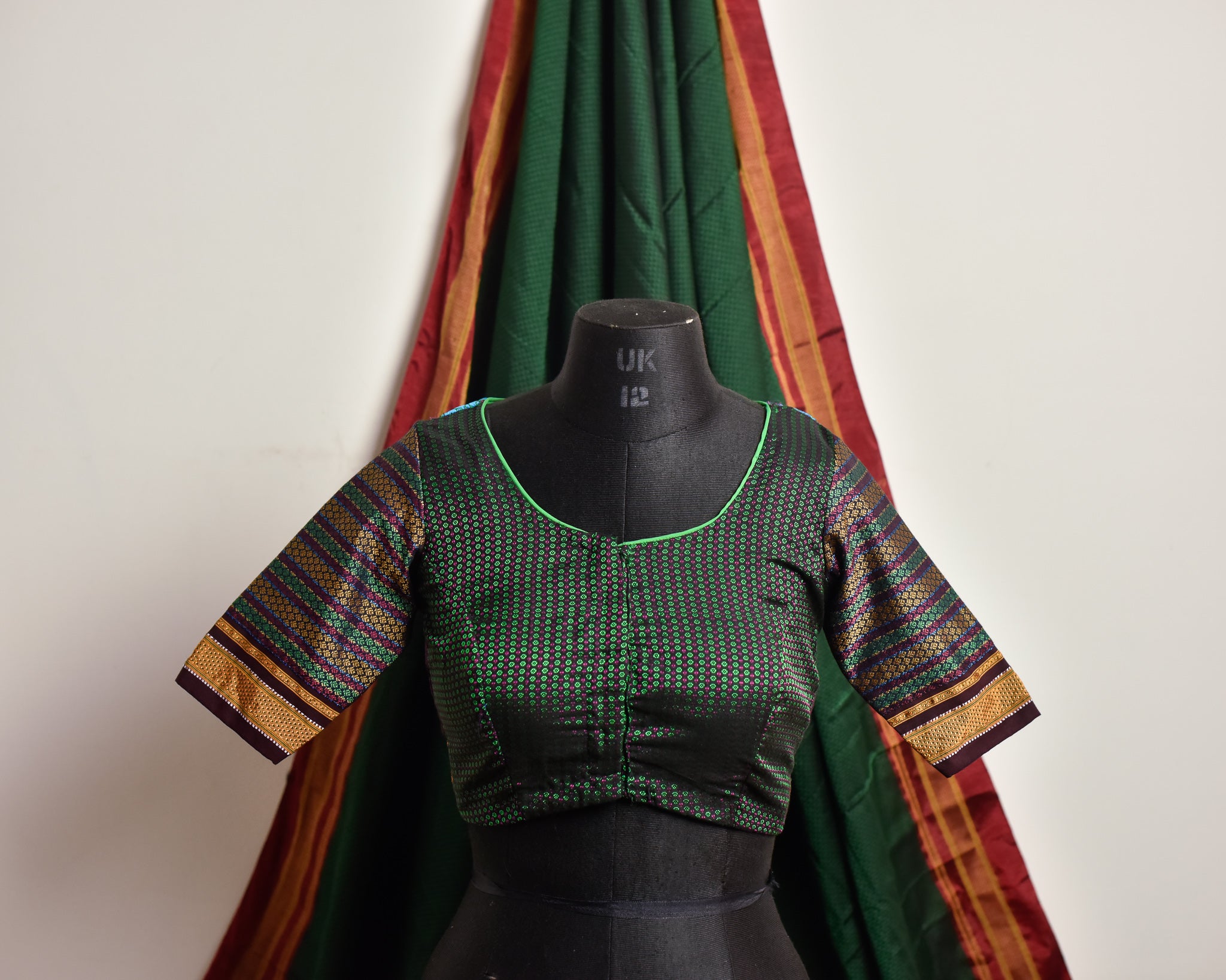 FOREST GREEN AND MAGENTA LOTUS KHUN BLOUSE