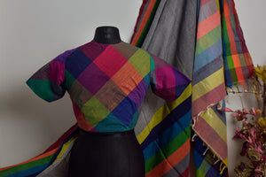 Multicolour blouse with saree - Checkered