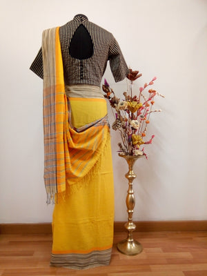 Saree Blouse Combo- Yellow saree with black and gold blouse