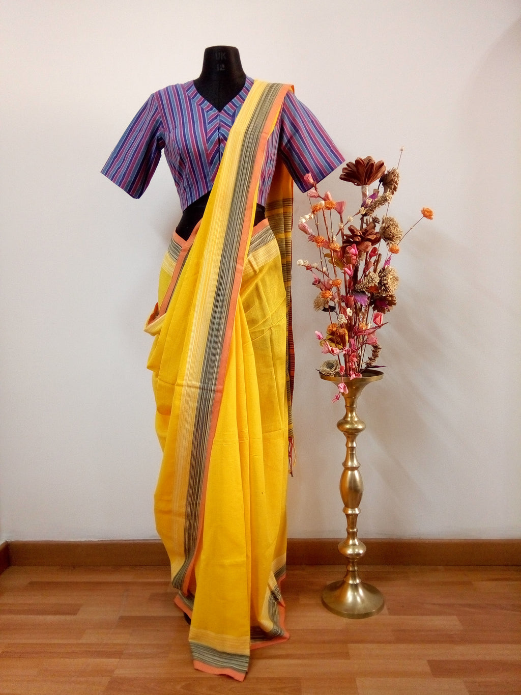 Saree Blouse Combo- Yellow handloom with stripes blouse