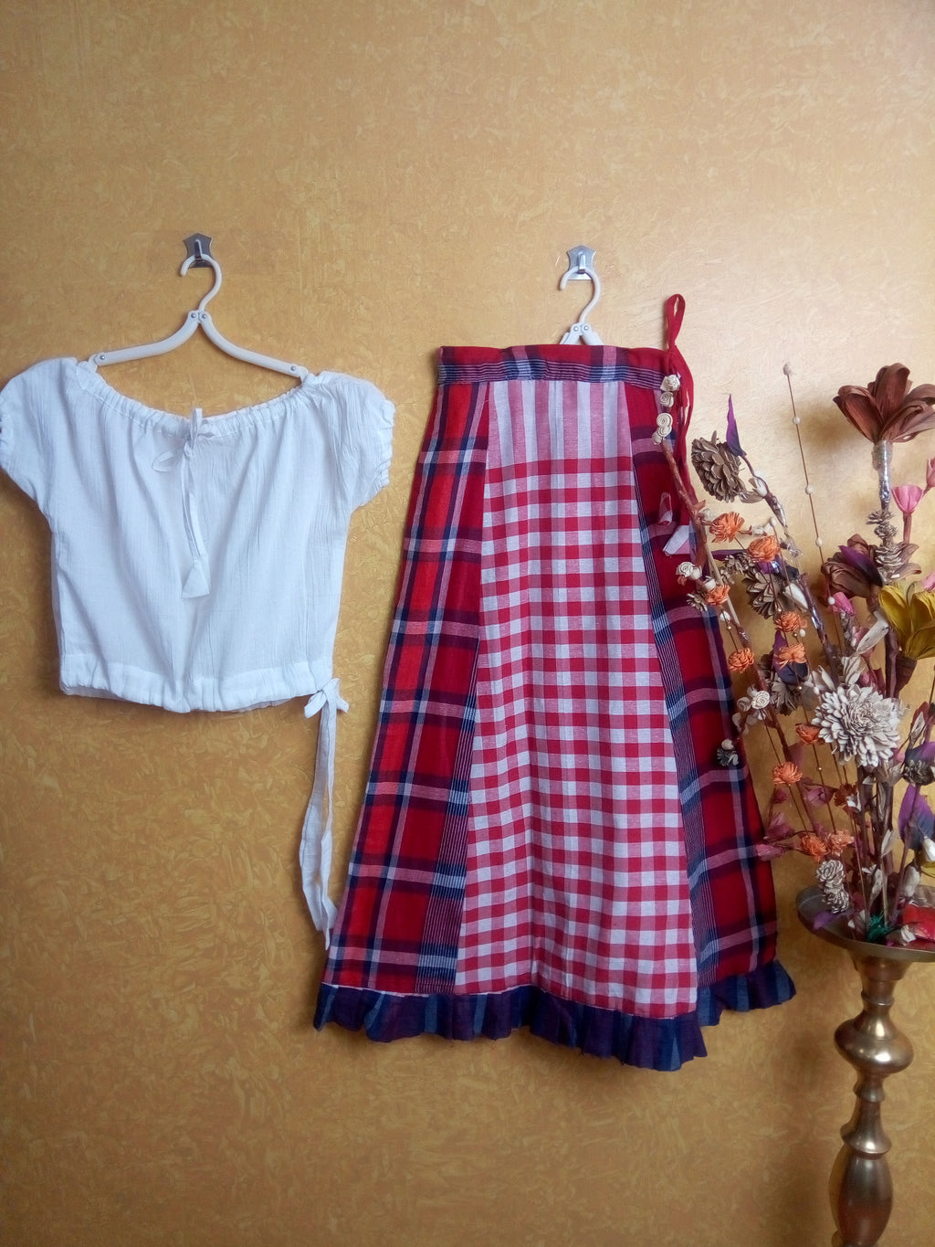 Girls lehanga skirts - white and red check's