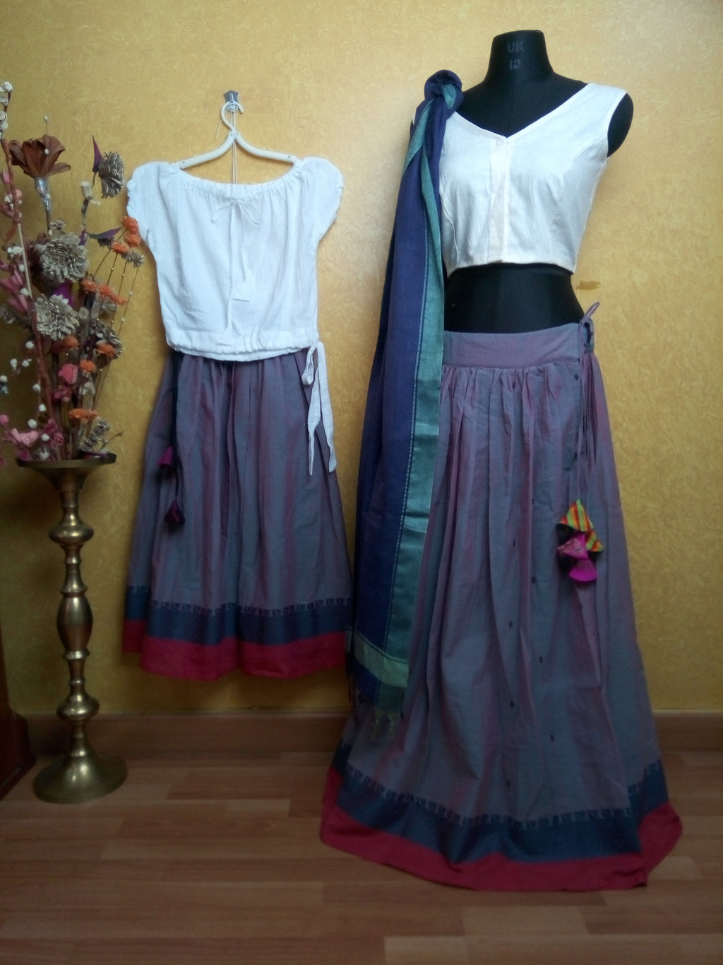 cotton lehanga skirts- half white and purple