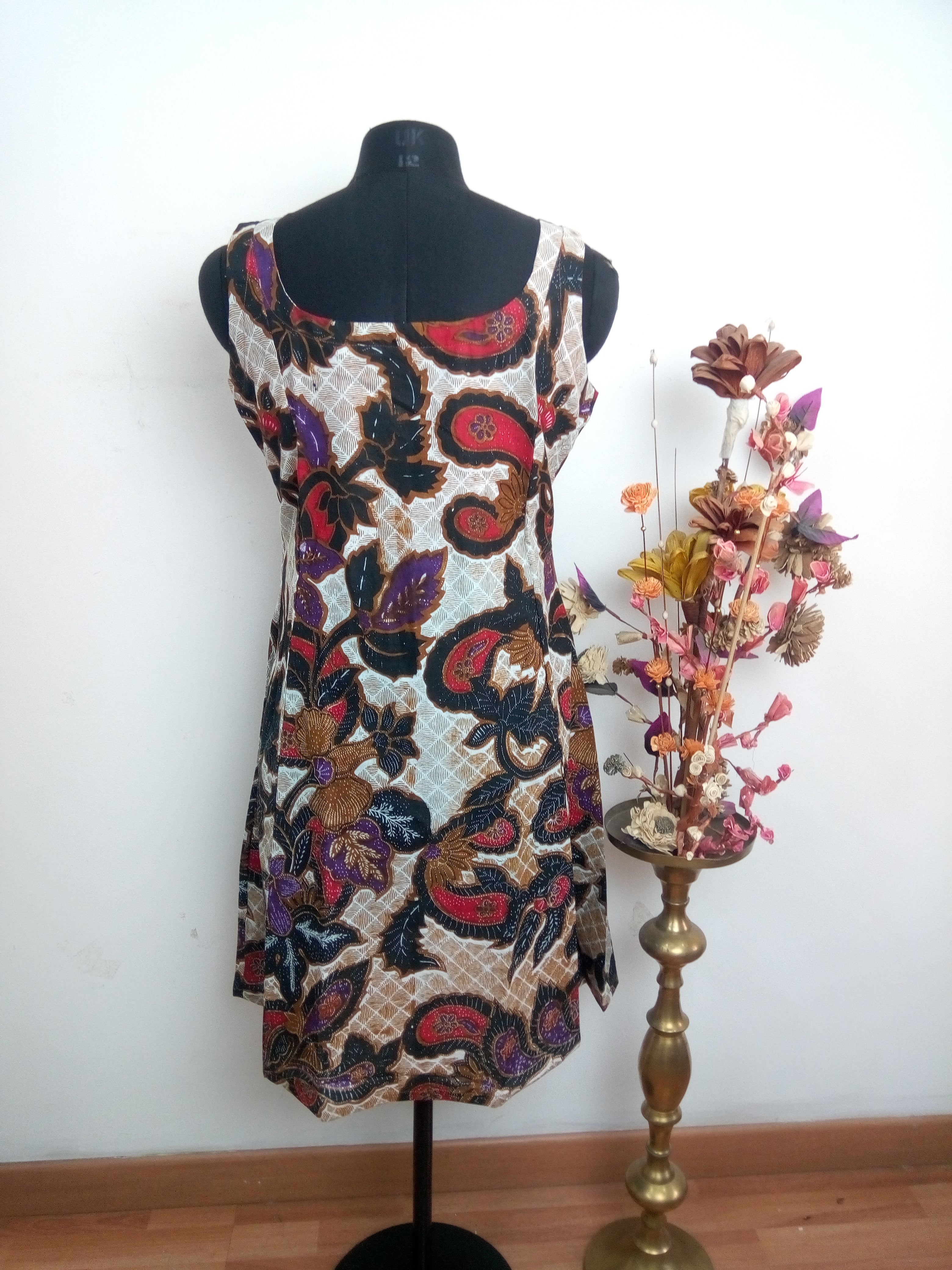 Malaysian print dress- white and red