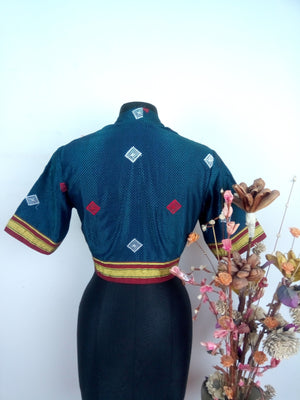 Khun blouse design - Teal blue with diamond embroidery