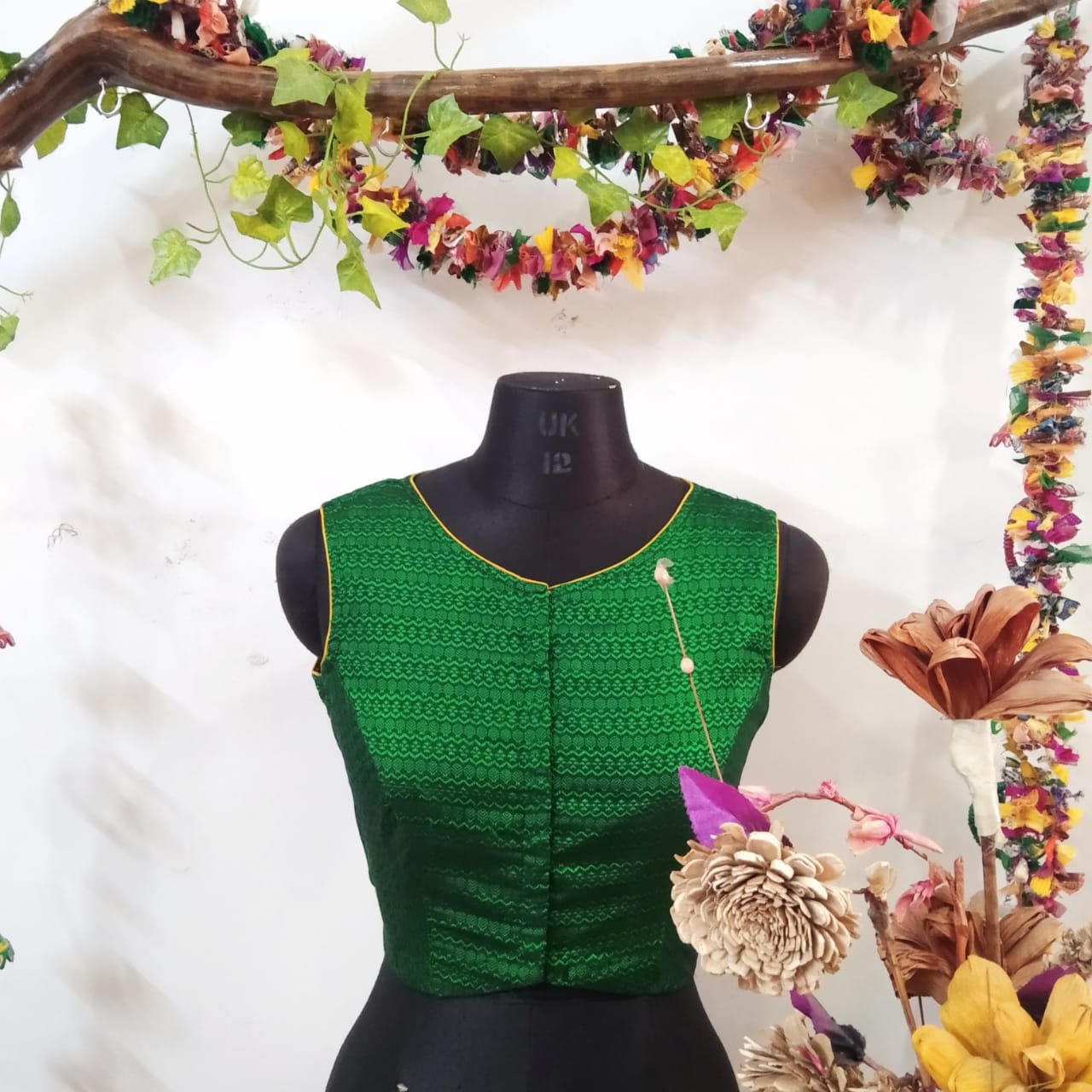 Sleeveless Khun Blouse in Green with Pink