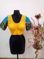 Kalamkari Potli Blouse - yellow body and turquoise sleeve 